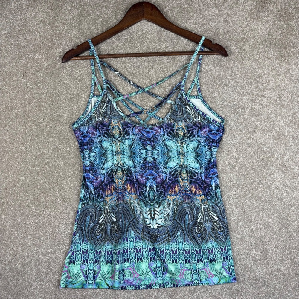 Venus Womens Blue Embellished Strappy Cami Top Boho Snakeskin Print Large - Picture 4 of 8